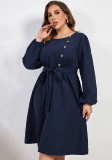 Solid Plus Size Loose High Waist Tie Round Neck Dress