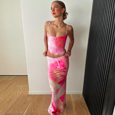 Women's Style Print Herringbone Fitted Slim Waist Slim Fit Camisole Skirt Two-Piece Set