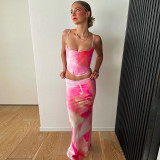 Women's Style Print Herringbone Fitted Slim Waist Slim Fit Camisole Skirt Two-Piece Set
