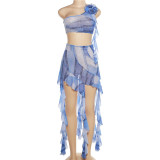 Summer Women Fashion Floral Slash Shoulder Style Tank Top Printed Fringe Ribbon Skirt Set