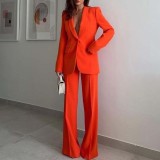 Collar Orange Blazer + Draping Bell Bottom Trousers Chic British Fashion Suit