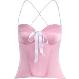 Pearl strap bow pink camisole women's tunic top