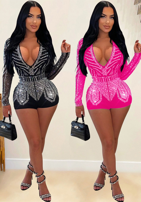 Summer Ladies Sexy Tight Fitting Nightclub Long Sleeve Beaded Jumpsuit