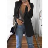 Spring Fall Women's Long Sleeve Plain Pocket Cardigan Blazer Jacket