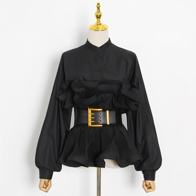 Long Sleeve Ruffle Blouse Women Autumn High Waist Stand Collar Slim Top with Belt