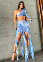 Summer Women Fashion Floral Slash Shoulder Style Tank Top Printed Fringe Ribbon Skirt Set