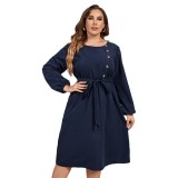 Solid Plus Size Loose High Waist Tie Round Neck Dress