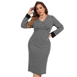 Chic Casual V-Neck Houndstooth Contrasting Color Long-Sleeved Women's Dress