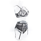 Women Embroidered Flowers See-Through Sexy Lingerie Three-Piece