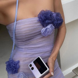 Women Mesh Color Contrast Strapless Neck Flower Dress