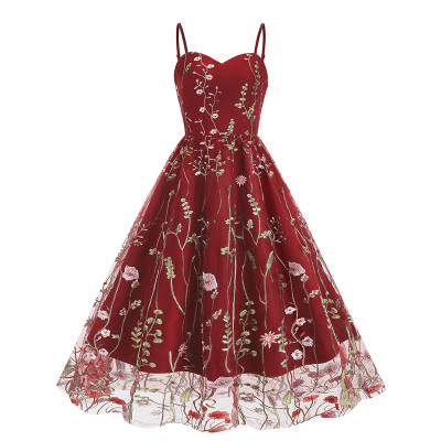 Women Vintage Halter Embroidered Mesh Patchwork Dress