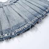 Women High Waist Pleated Denim Skirt