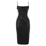Women sexy pu Leather pleated suspenders Bodycon Dress
