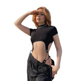 Women Summer Sexy Cropped Top Lace-Up Short Sleeve Bodysuit