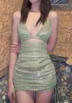 Women Summer Holidays Sexy Camisole Glitter Cutout Drawstring Bodycon Dress