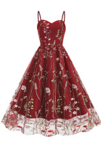 Women Vintage Halter Embroidered Mesh Patchwork Dress