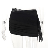 Women Halter Neck Lace See-Through Tank Top and High Waist Cutout Mini Skirt Two-Piece Set