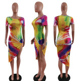 Women Summer Tie Dye Print Style Irregular Ribbed Dress