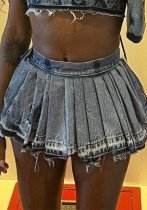 Women High Waist Pleated Denim Skirt