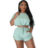 Women's Solid Color Fashion Loose Short Sleeve Drawstring Casual Summer Two-Piece Shorts Set