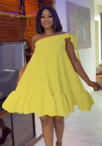Sexy Trendy Slash Shoulder Lace-Up Solid Color Plus Size Loose Dress