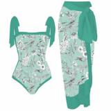 French Retro One-Piece Slim Fit Holidays Beach Spa Swimsuit Cover Up Skirt Two Piece Set