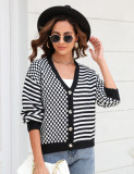 Autumn And Winter Knitting Plaid Patchwork Striped Cardigan Coat Sweater Women