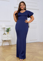 Spring Summer Plus Size Ladies Formal Party Evening Dress V-Neck Low Back Sexy Puff Sleeve Dress