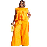 Plus Size Casual Women's Flying Sleeve Shirt Wide-Leg Trousers Two-Piece Set