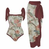 French Retro One-Piece Slim Fit Holidays Beach Spa Swimsuit Cover Up Skirt Two Piece Set