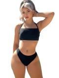 Two Piece Solid Color Strapless Lace-Up Low Back Sexy Bikini Swimsuit