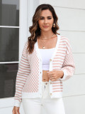 Autumn And Winter Knitting Plaid Patchwork Striped Cardigan Coat Sweater Women