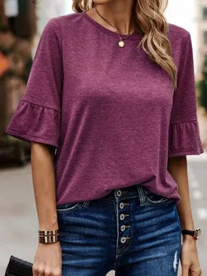 Summer and autumn women's solid color single-breasted fashion Ruffle Sleeve T-shirt