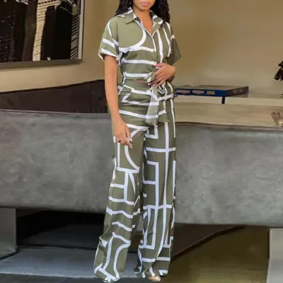 Women's autumn printed short-sleeved shirt trousersCasual set