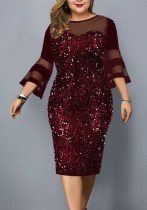 Spring Fall Sequin Mesh Patchwork Cropped Sleeves Plus Size Women's Bodycon Dress