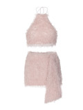 Women's Fashion Sweet Pink Sexy Low Back Bodycon Patchwork Plush Skirt Set