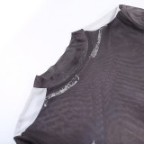 Tight Fitting Trendy Sexy Body Digital Print Long Sleeve Round Neck Mesh See-Through Bodysuit