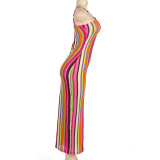 Summer Sexy Sleeveless Stripe Patchwork Low Back Slim Long Bodycon Dress