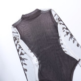 Tight Fitting Trendy Sexy Body Digital Print Long Sleeve Round Neck Mesh See-Through Bodysuit