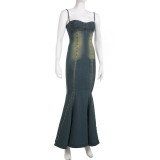 French Casual Chic Slim Fit Dress Summer Denim Washed Distressed Slim Waist Studded Mermaid Slip Dress
