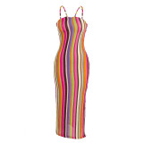Summer Sexy Sleeveless Stripe Patchwork Low Back Slim Long Bodycon Dress