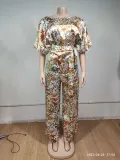 Trendy Casual Plus Size Printed Two-Piece Bell Bottom Sleeve Top Lace-Up Slim Waist Wide-Leg Pant Set