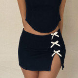 Summer Ladies Sexy Two-Piece Set Chic Square Neck Irregular Tank Top Slit Tie Skirt