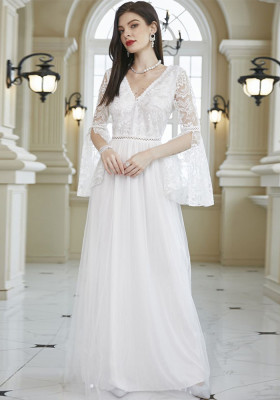 Ladies Sexy Long Sleeve White Lace Mesh Thin Bridal Wedding Dress