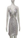 Sequin Cutout Sexy Strap Rhinestone Chain Patchwork Dress