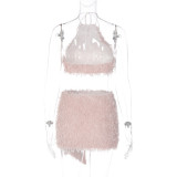 Women's Fashion Sweet Pink Sexy Low Back Bodycon Patchwork Plush Skirt Set