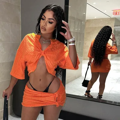 Women's Summer Solid Color Sexy Half Sleeve Knot Top Skirt Casual Set