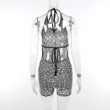 Women Halter Neck Contrast Stripe Backless Romper