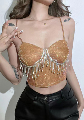 Women Off Shoulder Rhinestone Tassel Sexy Crop Top