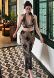 Summer Chic Elegant Slim Sexy Lace Halter Neck Two Piece Skirt Suit For Women